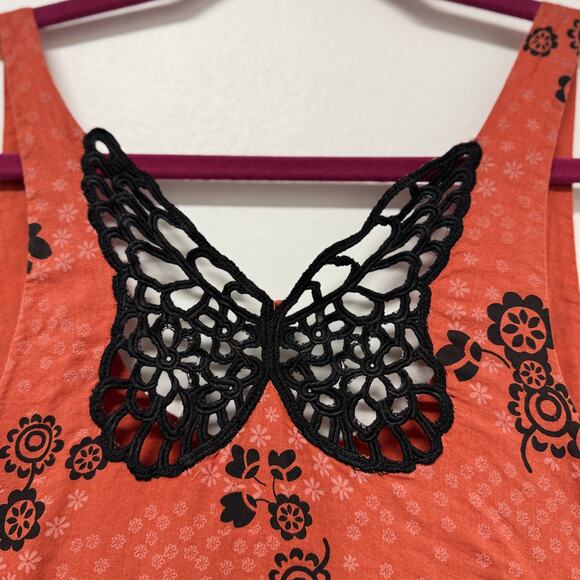 Free People Boho Floral Dress Rust Orange Lace Neckline Ruffle Hem Sz S - Picture 4 of 9